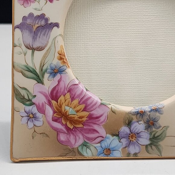 Vintage Floral Ceramic Picture Frame With Transferware Flowers Roses - Picture 4 of 12